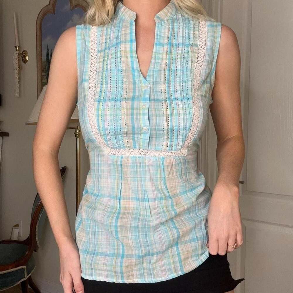 Dressbarn Plaid Lace Trim Babydoll Blouse